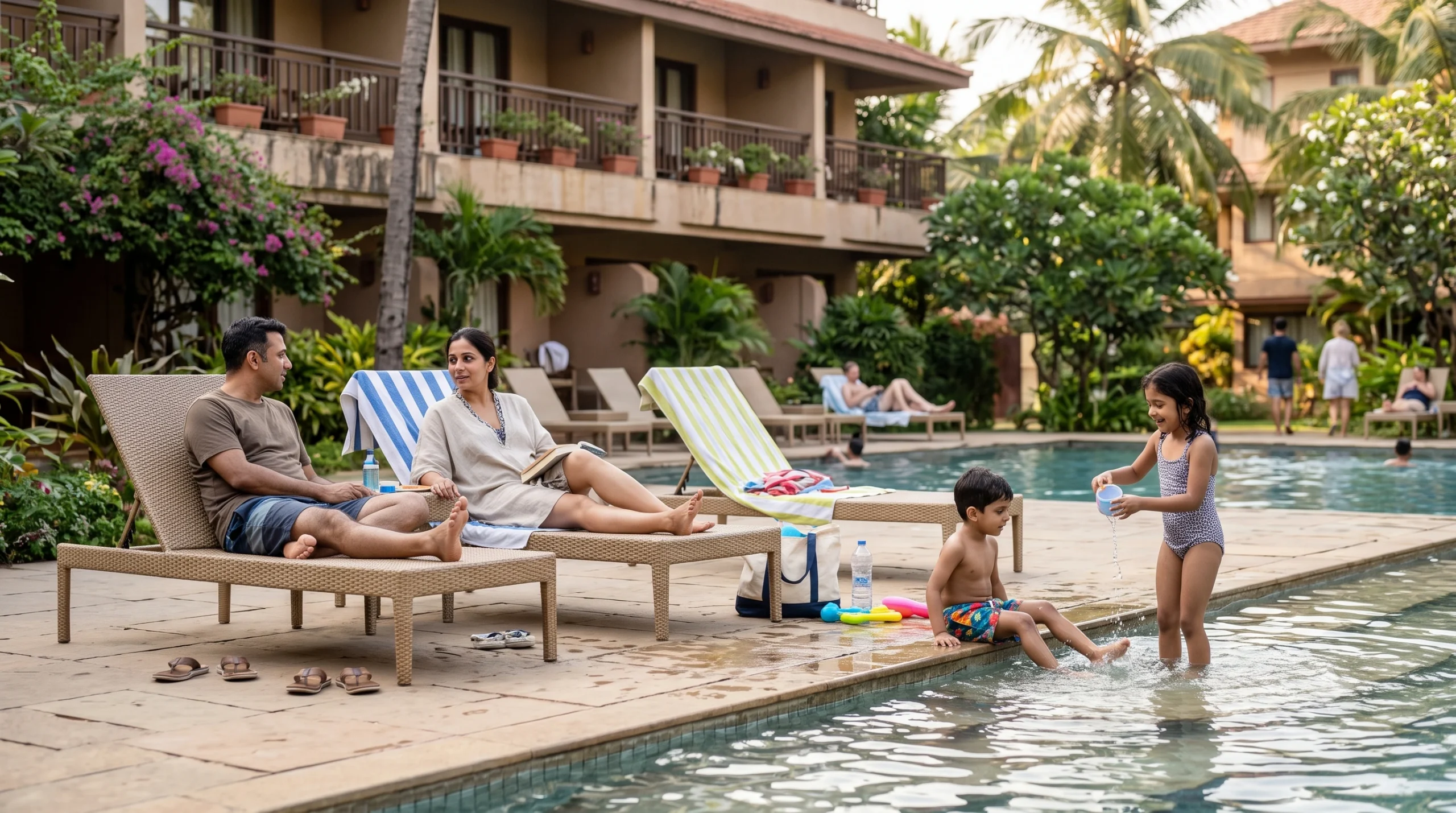 Family relaxing at their hotel during a family holiday