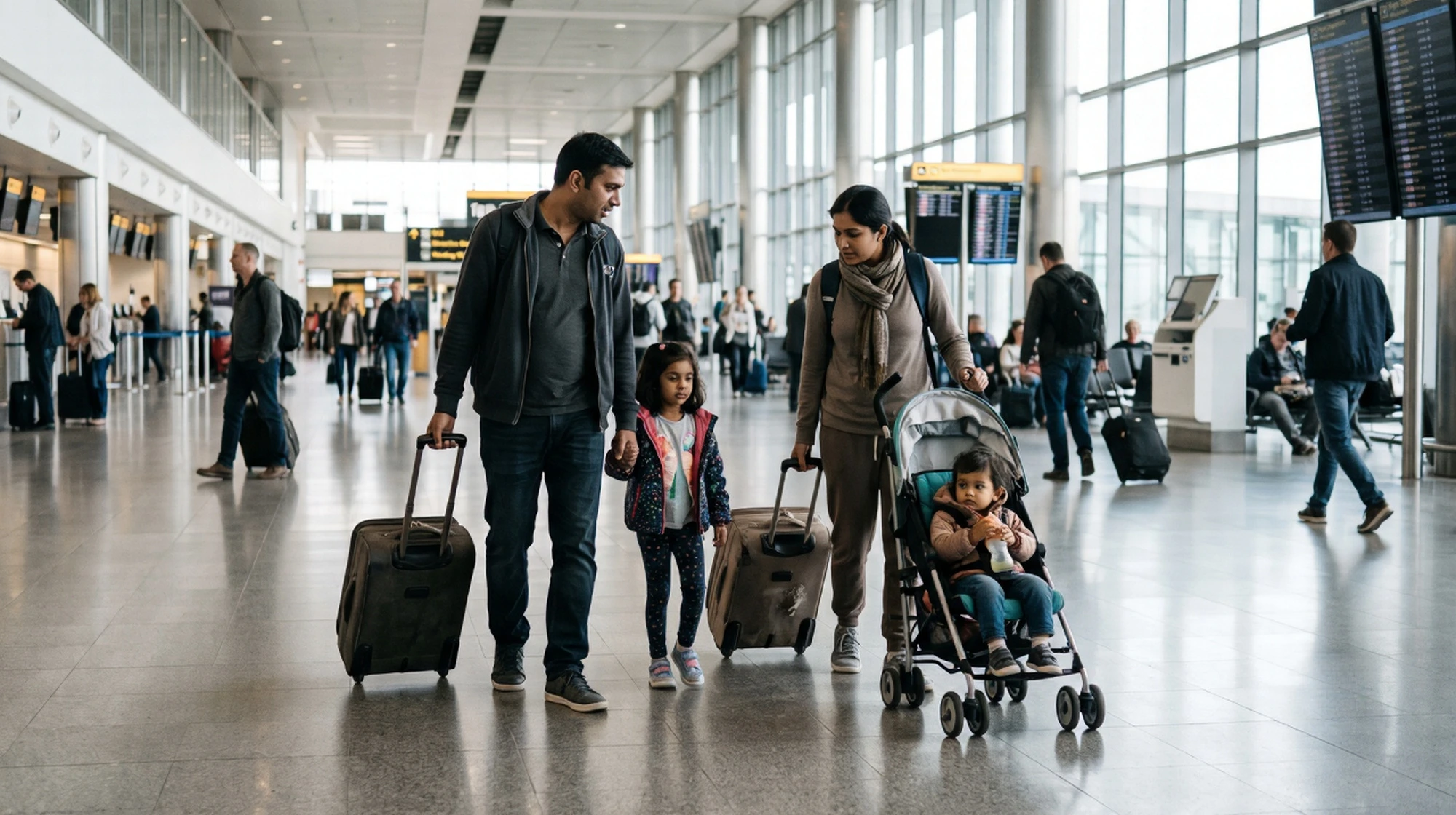 Indian family with young children navigating an international airport