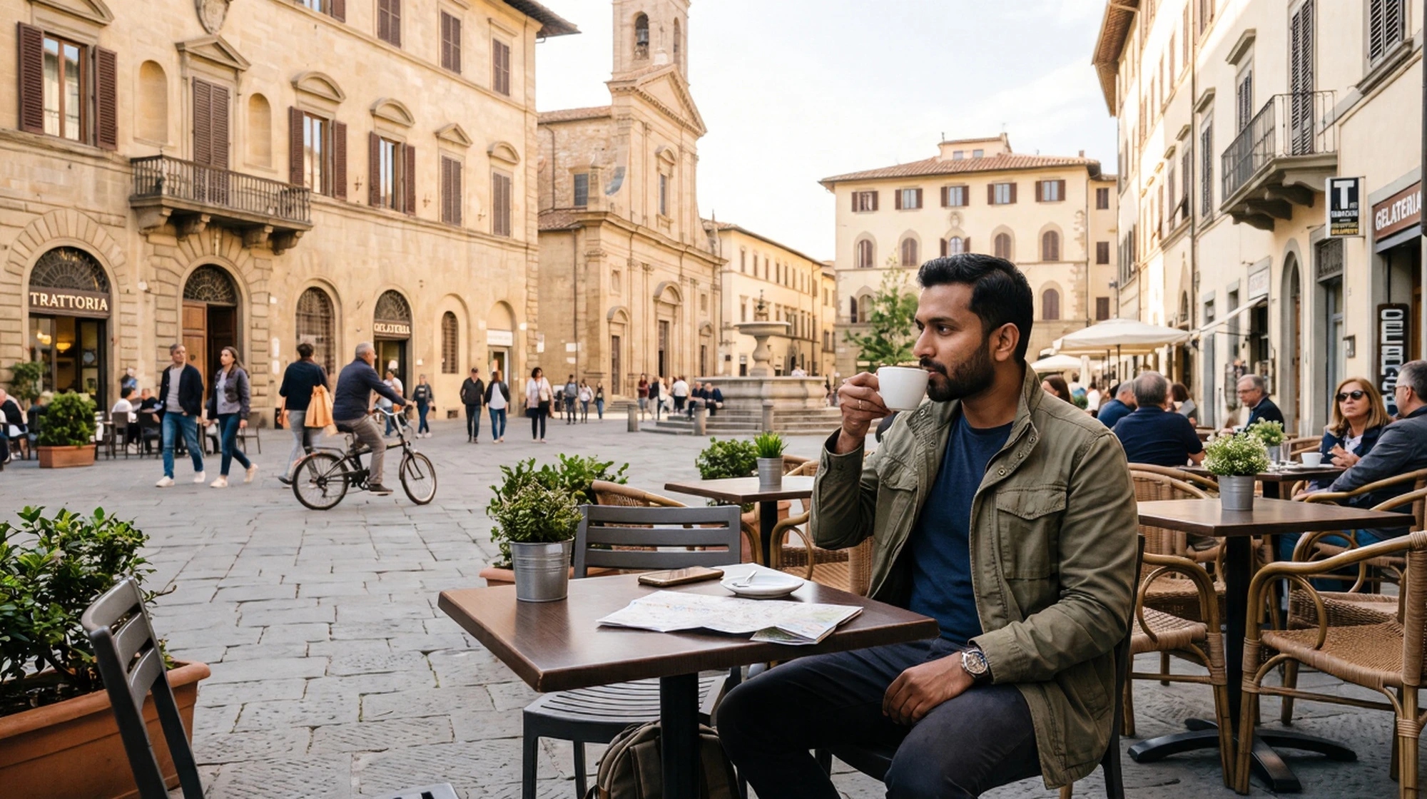 Traveller relaxing European city square