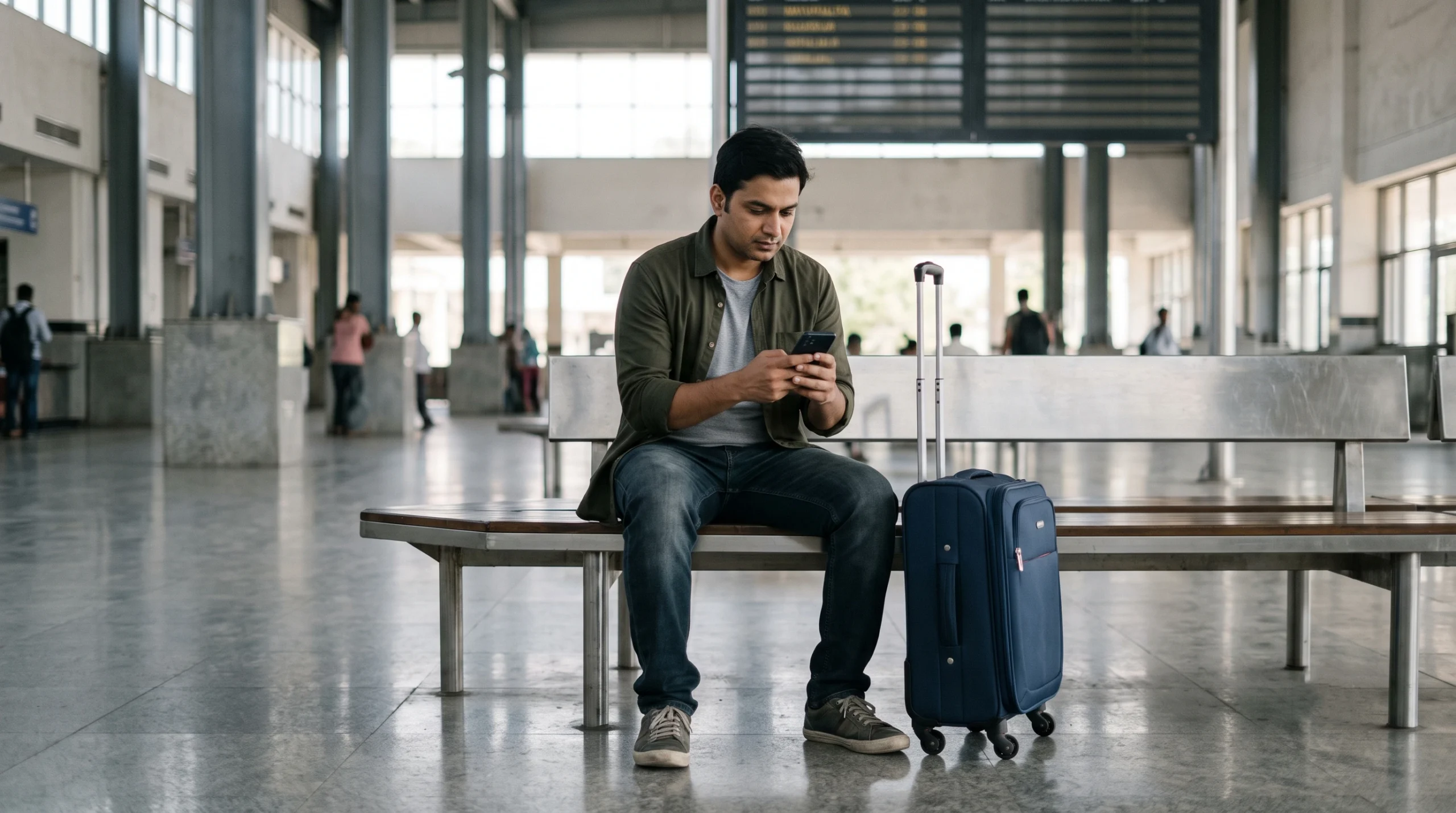 Traveller in a station concourse checking their phone