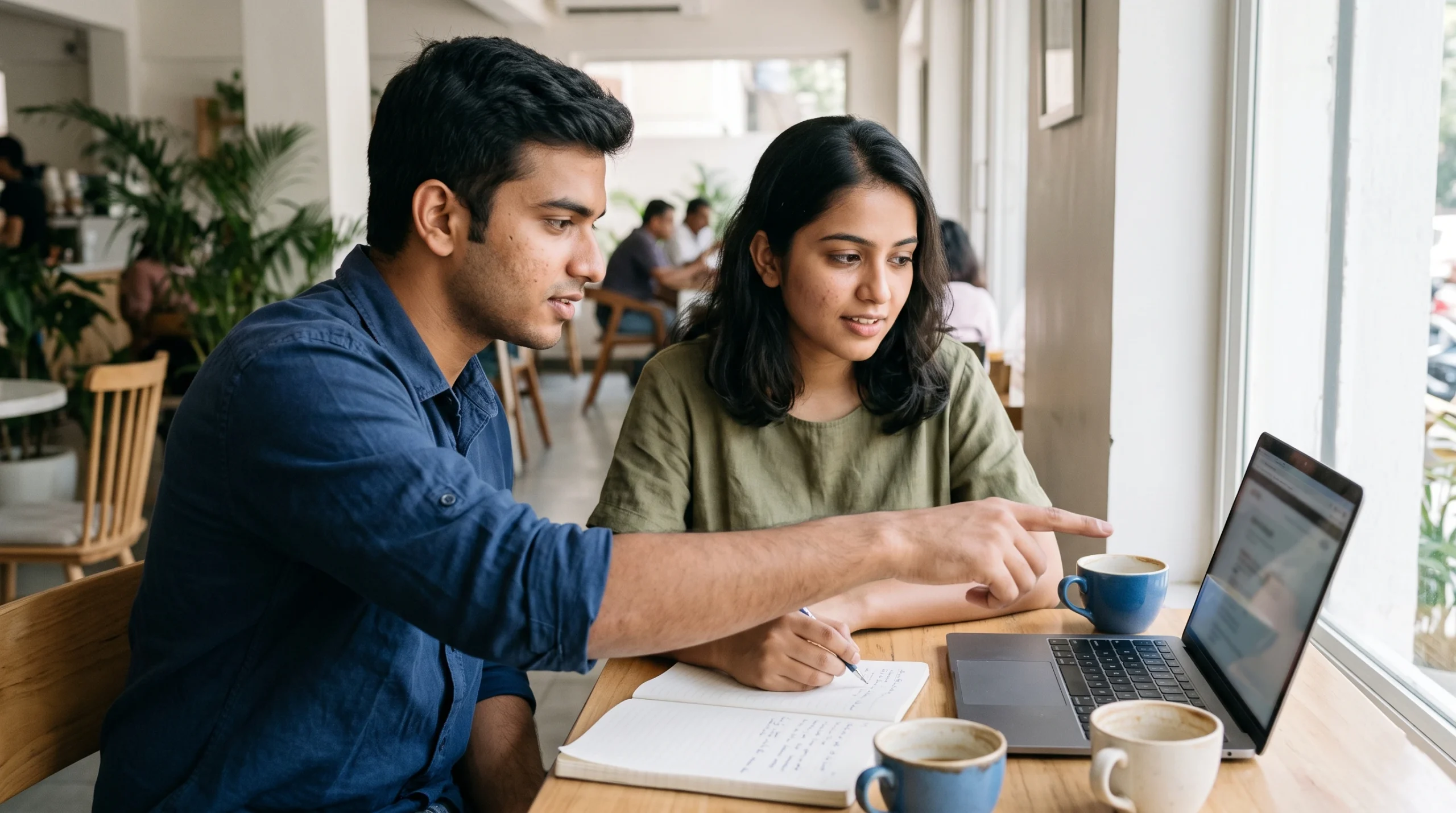 Two travellers comparing international travel insurance